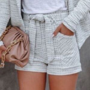 KOKO+ MASON Black and White Tweed High Waist Belted Cuffed Shorts Size Medium